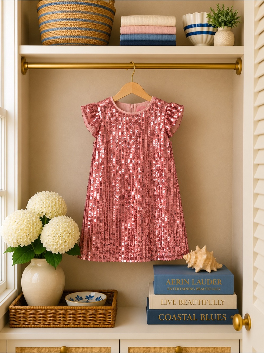 Holly Hastie London Girls' 9/10 Pink Sequin Flutter Sleeve Dress like new